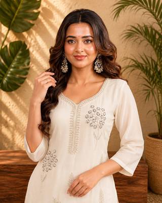 White faux georgette beads embroidery straight semi stitched suit 2