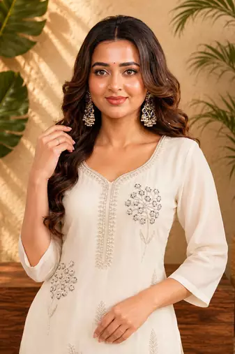 White faux georgette beads embroidery straight semi stitched suit