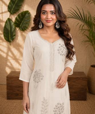 White faux georgette beads embroidery straight semi stitched suit 3
