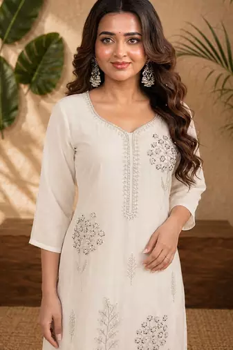 White faux georgette beads embroidery straight semi stitched suit
