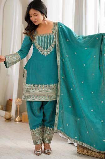 Sea green embroidered vichitra silk kurta farshi salwar set with dupatta