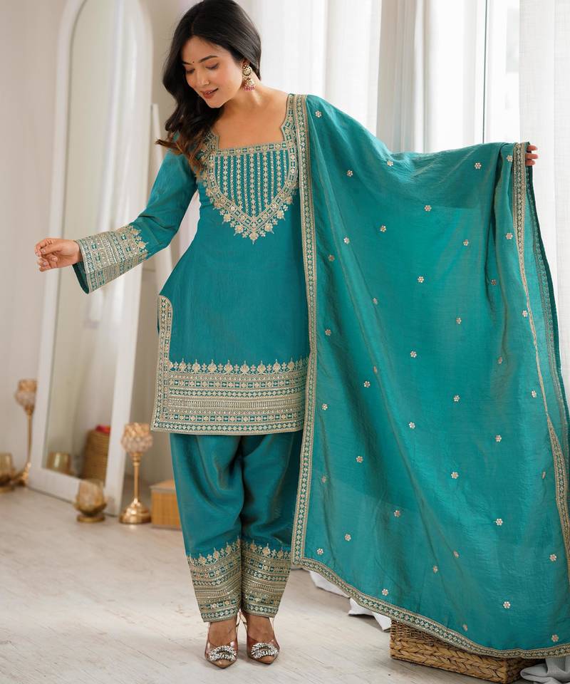 Sea green embroidered vichitra silk kurta farshi salwar set with dupatta