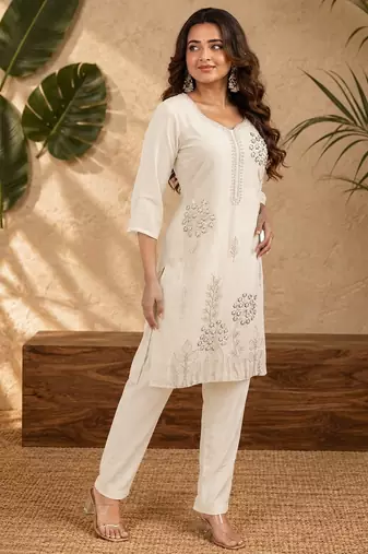 White faux georgette beads embroidery straight semi stitched suit