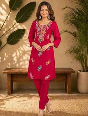Red fendi beads embroidery straight semi stitched suit 1