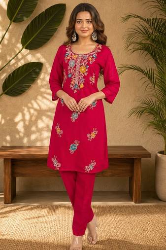 Red fendi beads embroidery straight semi stitched suit