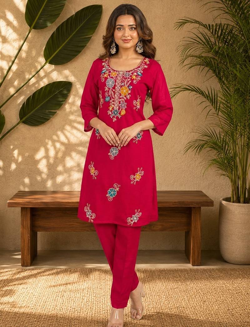 Red fendi beads embroidery straight semi stitched suit