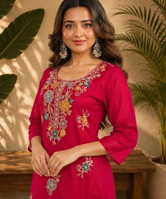 Red fendi beads embroidery straight semi stitched suit 2