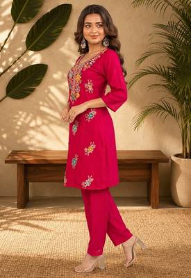 Red fendi beads embroidery straight semi stitched suit 3