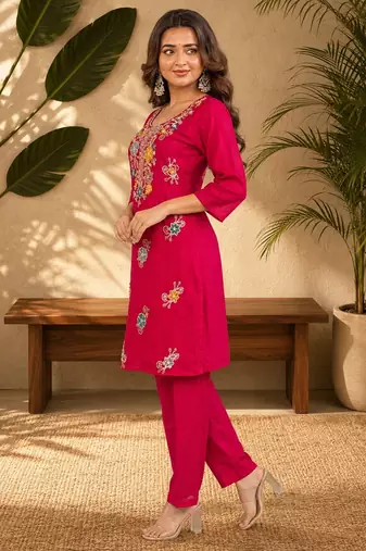 Red fendi beads embroidery straight semi stitched suit