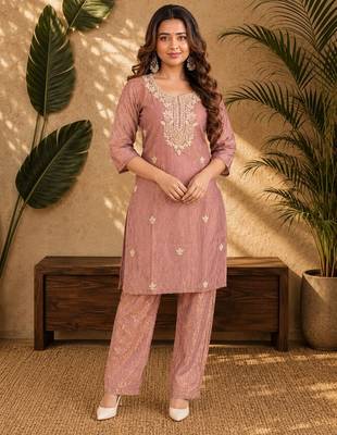 Dusty pink fendi beads embroidery straight semi stitched suit 1