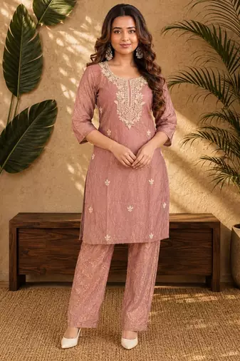 Dusty pink fendi beads embroidery straight semi stitched suit