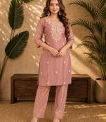 Dusty pink fendi beads embroidery straight semi stitched suit