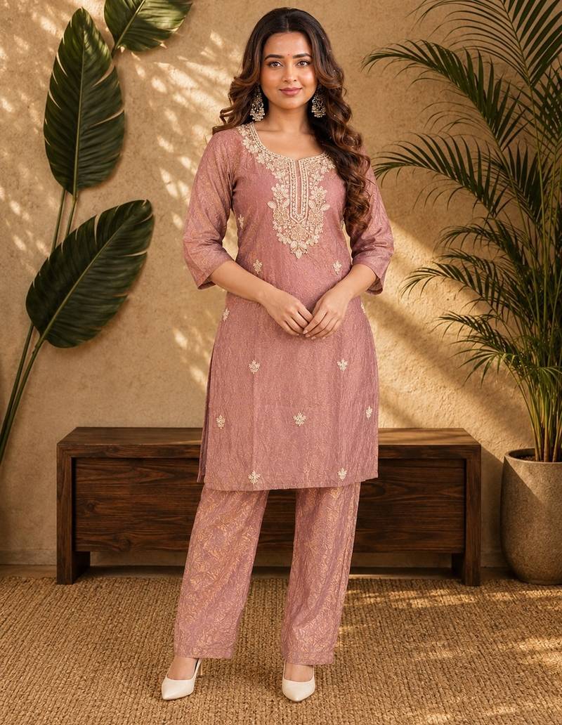Dusty pink fendi beads embroidery straight semi stitched suit