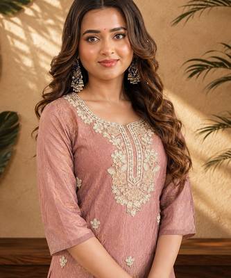 Dusty pink fendi beads embroidery straight semi stitched suit 2