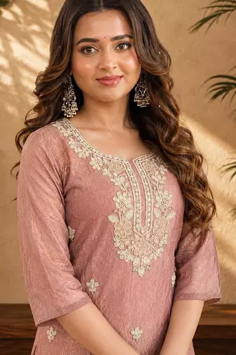 Dusty pink fendi beads embroidery straight semi stitched suit
