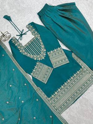 Sea green embroidered vichitra silk kurta farshi salwar set with dupatta 4