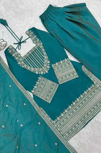 Sea green embroidered vichitra silk kurta farshi salwar set with dupatta