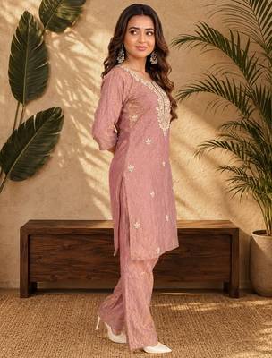 Dusty pink fendi beads embroidery straight semi stitched suit 3