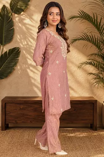 Dusty pink fendi beads embroidery straight semi stitched suit