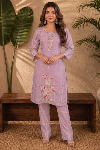Dusty purple fendi beads embroidery straight semi stitched suit