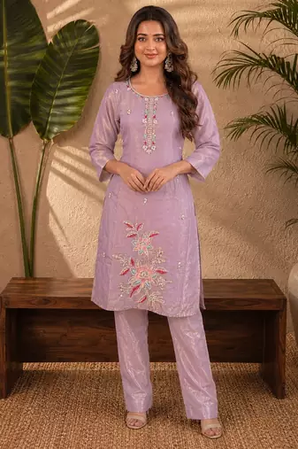 Dusty purple fendi beads embroidery straight semi stitched suit