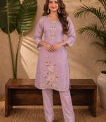 Dusty purple fendi beads embroidery straight semi stitched suit