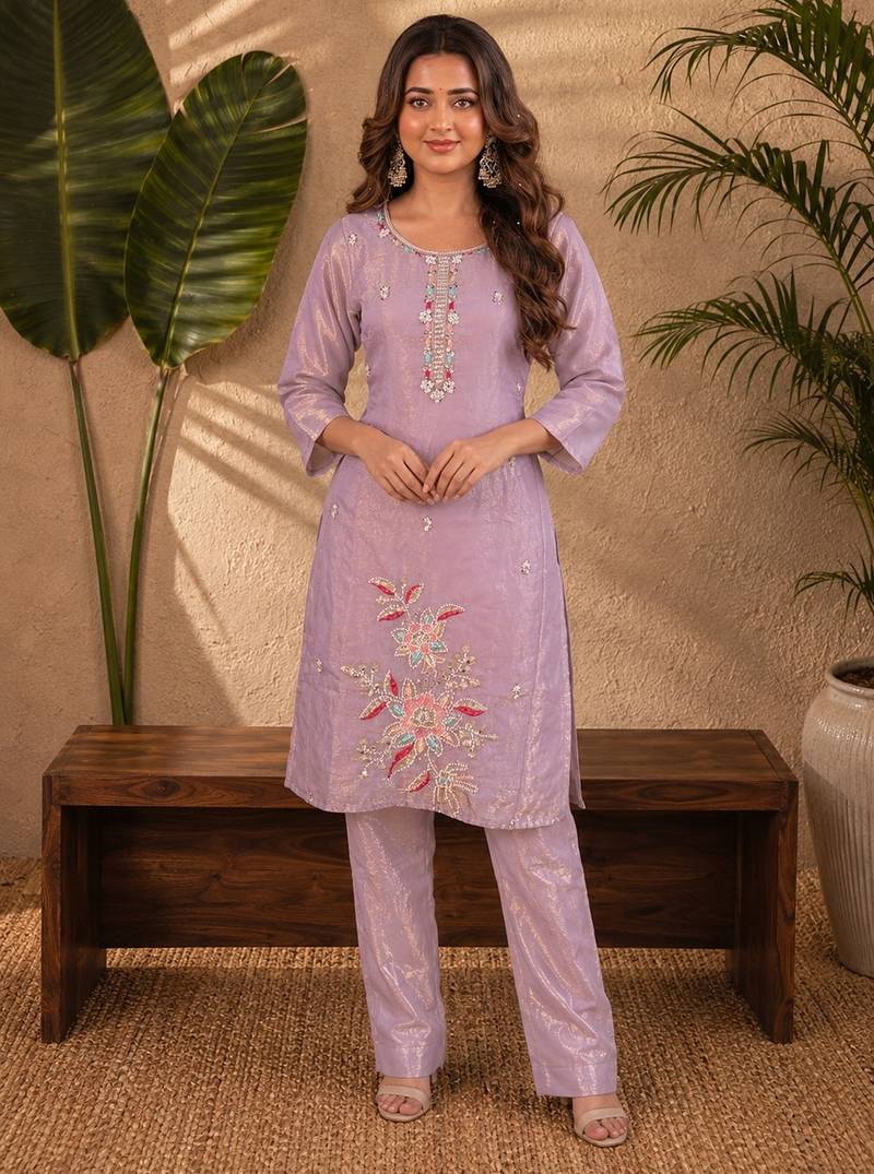 Dusty purple fendi beads embroidery straight semi stitched suit