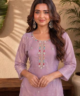 Dusty purple fendi beads embroidery straight semi stitched suit 2