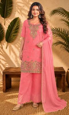 Pink fendi sequinse embroidery straight semi stitched suit 1