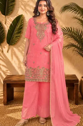 Pink fendi sequinse embroidery straight semi stitched suit