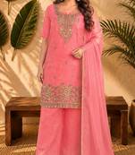 Pink fendi sequinse embroidery straight semi stitched suit