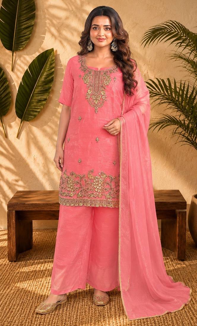 Pink fendi sequinse embroidery straight semi stitched suit