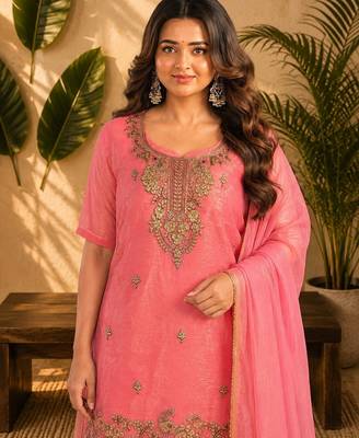 Pink fendi sequinse embroidery straight semi stitched suit 2