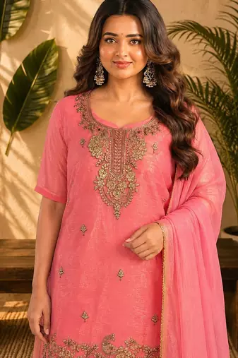 Pink fendi sequinse embroidery straight semi stitched suit