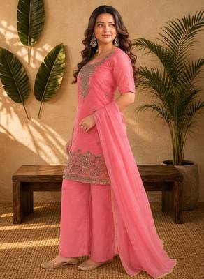 Pink fendi sequinse embroidery straight semi stitched suit 3