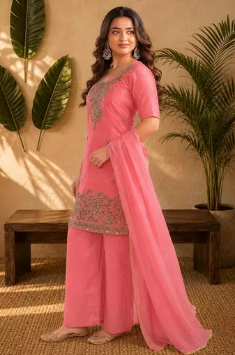 Pink fendi sequinse embroidery straight semi stitched suit