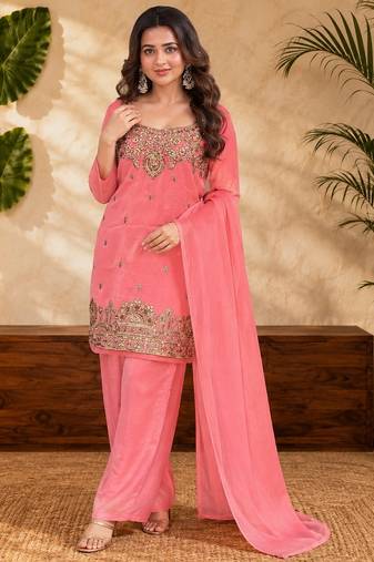 Pink fendi sequinse embroidery straight semi stitched suit