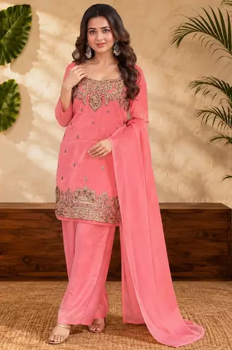 Pink fendi sequinse embroidery straight semi stitched suit