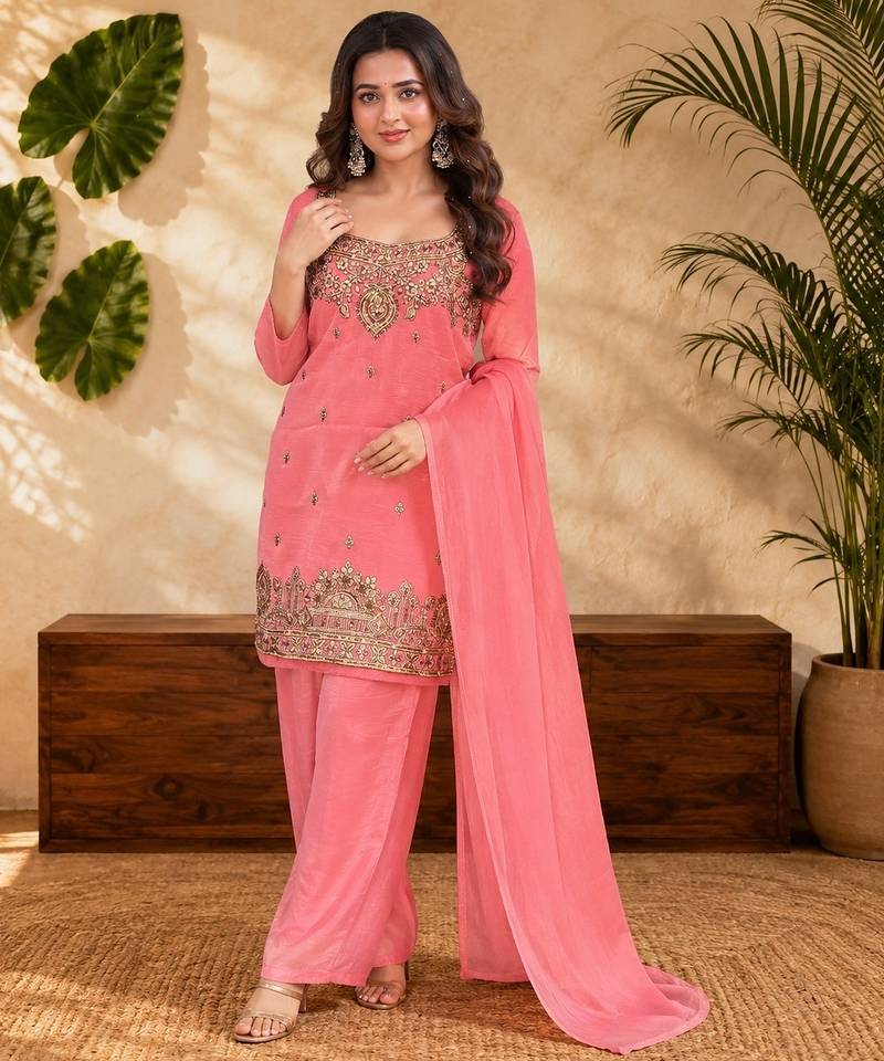 Pink fendi sequinse embroidery straight semi stitched suit