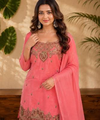 Pink fendi sequinse embroidery straight semi stitched suit 2