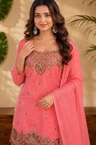 Pink fendi sequinse embroidery straight semi stitched suit