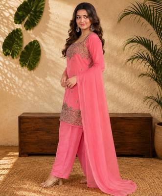 Pink fendi sequinse embroidery straight semi stitched suit 3