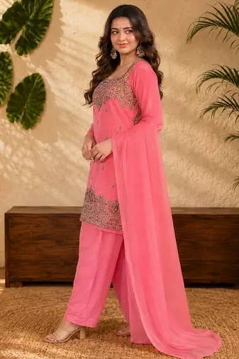 Pink fendi sequinse embroidery straight semi stitched suit