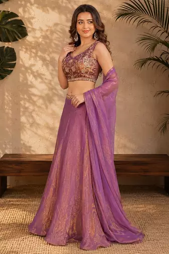 PURPLE OMBER BEADS EMBROIDERY FENDI LEHENGA CHOLI DUPATTA SET