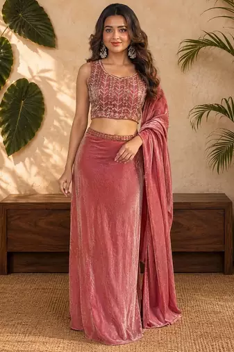 PINK OMBER BEADS EMBROIDERY FENDI LEHENGA CHOLI DUPATTA SET