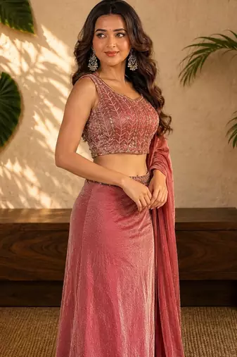 PINK OMBER BEADS EMBROIDERY FENDI LEHENGA CHOLI DUPATTA SET
