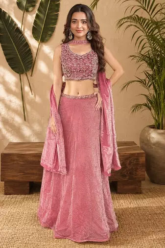 PINK OMBER BEADS EMBROIDERY FENDI LEHENGA CHOLI DUPATTA SET