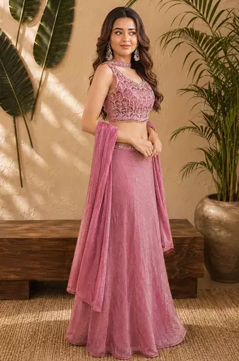 PINK OMBER BEADS EMBROIDERY FENDI LEHENGA CHOLI DUPATTA SET