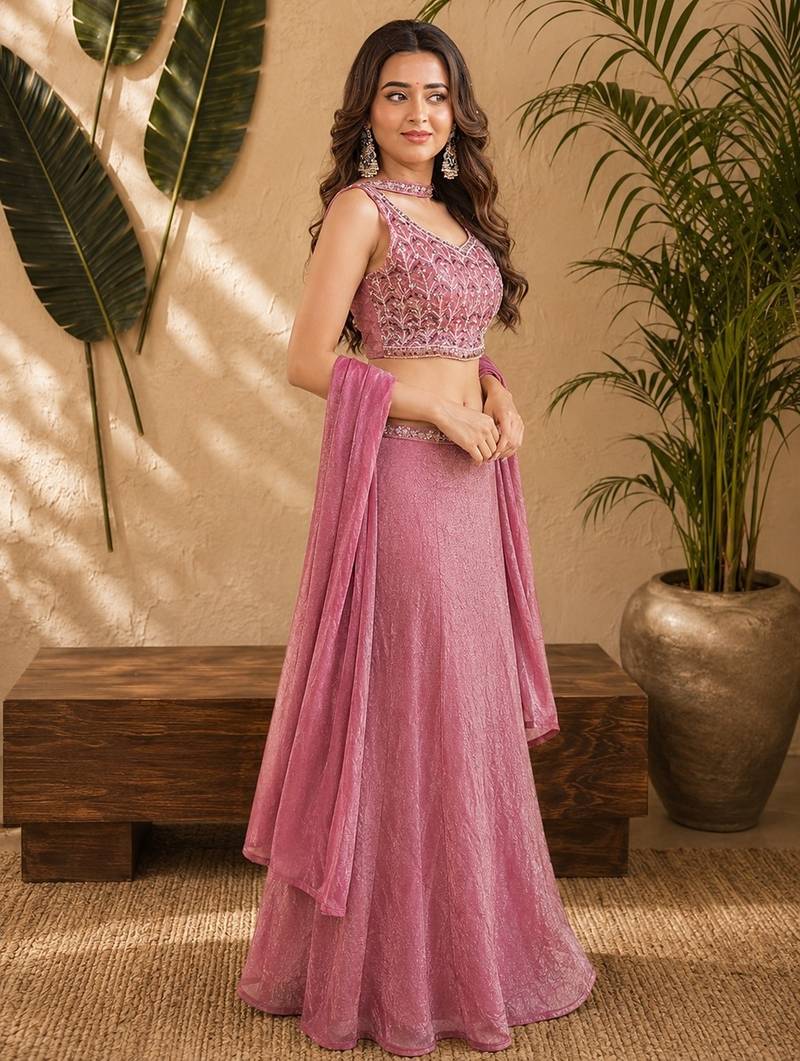 PINK OMBER BEADS EMBROIDERY FENDI LEHENGA CHOLI DUPATTA SET