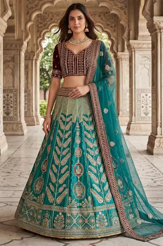 Green Mulmul silk festive lehenga with velvet blouse and organza dupatta For Women's